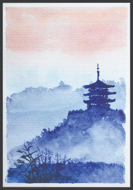 Watercolor Japanese Temple Forest juliste